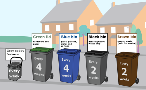 Five bins in a row showing their collection weeks Five bins in a row showing their collection weeks