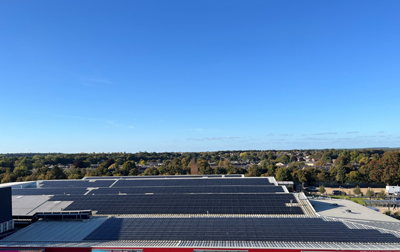 A large solar installation with panels installed on multiple roofs at West Suffolk College, Bury St Edmunds.
