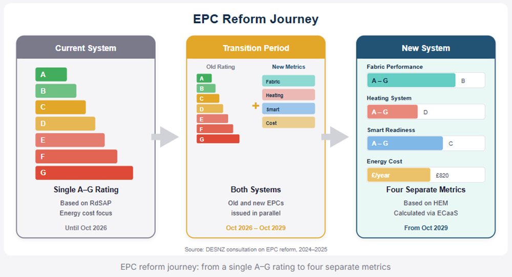 Graphic showing the energy performance certificate (EPC) reform journey from the A-G rating system being used until October 2026, using both systems October 2026-29 to using the new system only from October 2029. Graphic showing the energy performance certificate (EPC) reform journey from the A-G rating system being used until October 2026, using both systems October 2026-29 to using the new system only from October 2029.