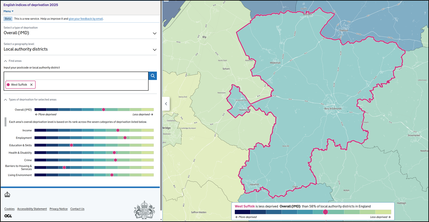 Click to view full size Figure 11: image showing the overall index of multiple deprivation 2025 and overall local indices of deprivation ratings for West Suffolk Figure 11: image showing the overall index of multiple deprivation 2025 and overall local indices of deprivation ratings for West Suffolk