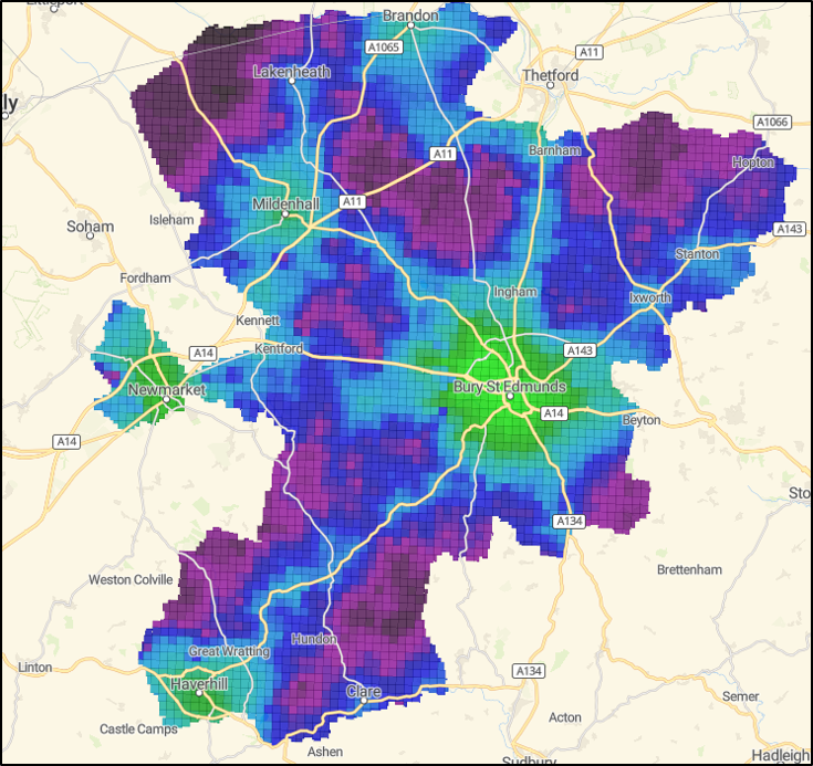 Click to view full size Figure 19: shows relative access to employment with lighter colours indicating better accessibility Figure 19: shows relative access to employment with lighter colours indicating better accessibility