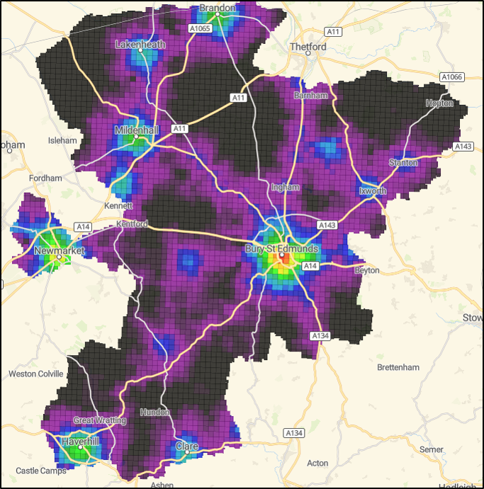 Click to view full size Figure 21: shows relative access to health services, with higher accessibility concentrated around the main towns and lower accessibility more common in rural locations. Figure 21: shows relative access to health services, with higher accessibility concentrated around the main towns and lower accessibility more common in rural locations.