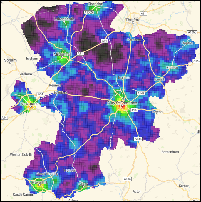 Click to view full size Figure 22: shows relative access to leisure facilities, with patterns again highlighting stronger accessibility in the towns and more limited access in rural areas. Figure 22: shows relative access to leisure facilities, with patterns again highlighting stronger accessibility in the towns and more limited access in rural areas.