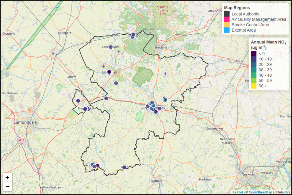 Click to view full size Figure 26: West Suffolk air quality monitoring sites. Figure 26: West Suffolk air quality monitoring sites.