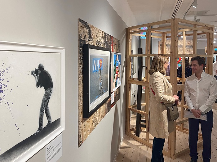  Hon Frances Stanley, Chairman of the Board of Trustees at the National Horseracing Museum speaks to Daniel Schumann, creative director of Haverhill Arts Centre, at a preview held at the National Horseracing Museum in Newmarket 