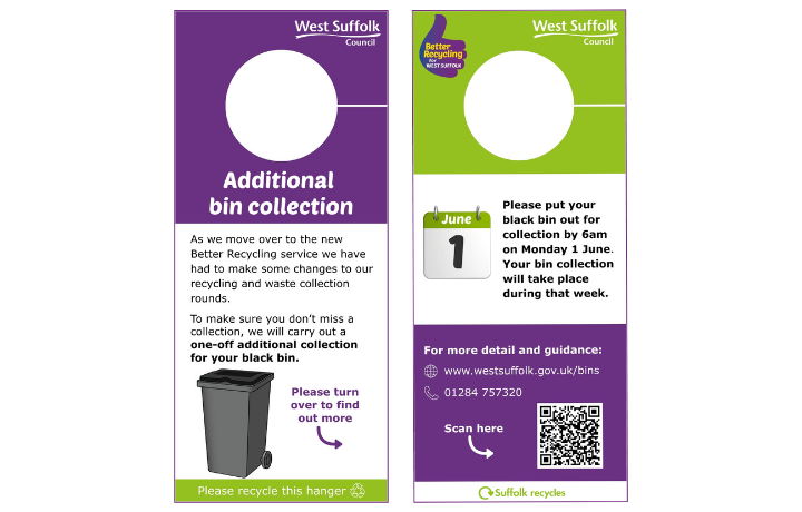 Bin hanger for change of collection with details of an extra black bin collection in the week starting 1 June 2026