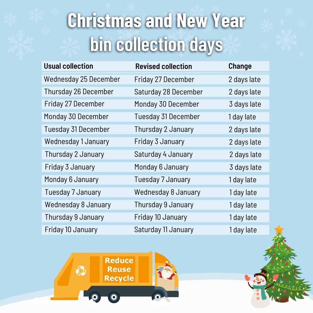 Graphic with details of Christmas and New Year bin collection days