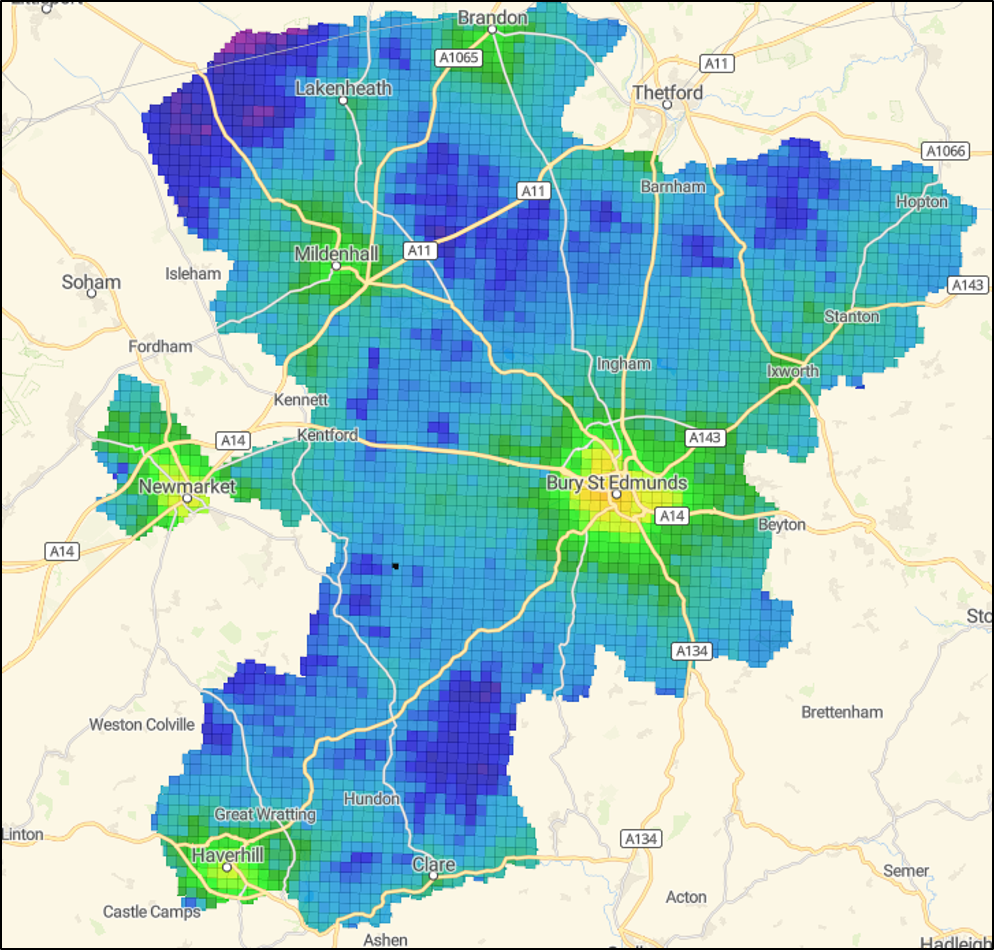 Click to view full size Figure 18 overall cycle route connectivity in West Suffolk Figure 18 overall cycle route connectivity in West Suffolk