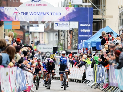 Celebrating winning the opening stage, Clara Copponi - image courtesy of Suffolk County Council 