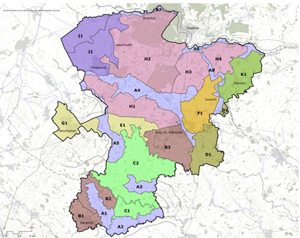 Map showing West Suffolk Landscape Character Areas