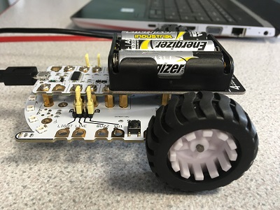 One of the robots that students at Newmarket Academy programmed to light up, move and turn plus to recognise and respond to a black line.