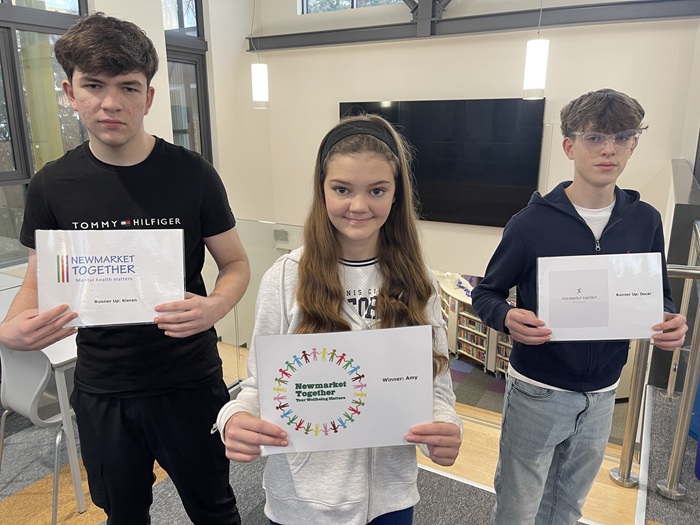 Newmarket Together - Newmarket Academy students Kieran Burke, Amy Andrew and Oscar Owen with their designs 