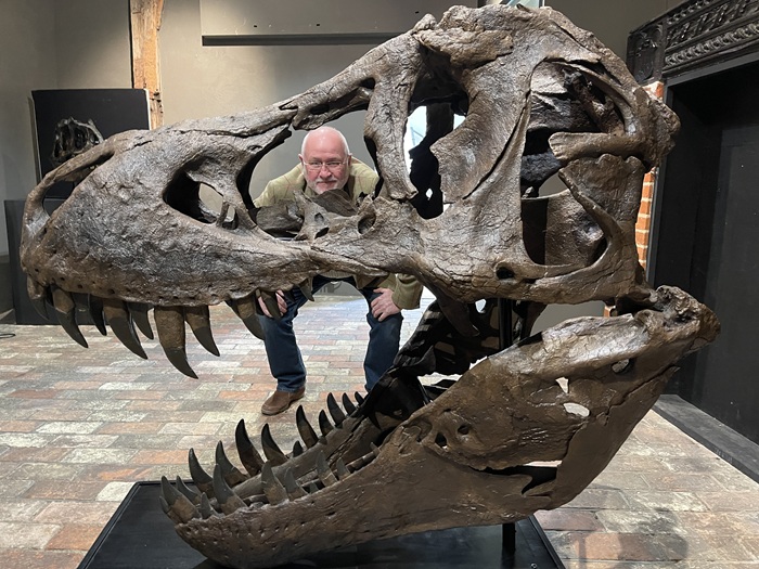 Looking through a T-Rex skull, Cllr Ian Shipp at Moyse's Hall Museum.