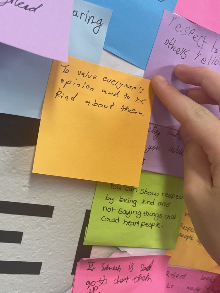 A session about respect and healthy relationships encouraged student to write their own ideas about what respect looks like. 