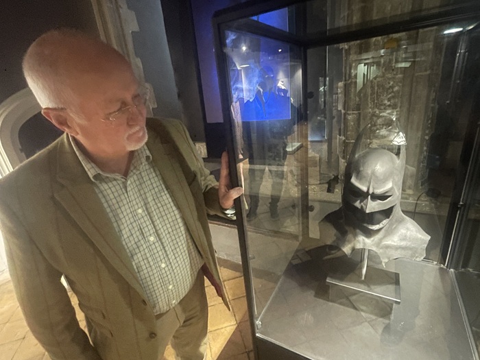 Cllr Ian Shipp with the 1989 Batman cowl made for Michael Keaton Cllr Ian Shipp with the 1989 Batman cowl made for Michael Keaton
