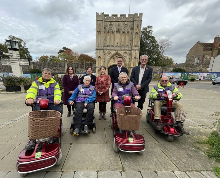 ecoCarriers Sharon Steven, Rowan Wilson, Libby Ranzetta and David Fisher with some of the vehicles,Sue Warren from Our Bury St Edmunds and Bury St Edmunds and Beyond, Cllr Diane Hind from the town council, Cllr Donna Higgins, Allan Hassell from the arc and Cllr Cliff Waterman on Angel Hill, Bury St Edmunds