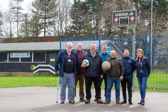 Cllr David Smith, Cllr Ian Shipp, Cllr Joe Mason, Simon Collin, Parks Infrastructure Manager at West Suffolk Council, Cllr Paul Firman, Matt Stebbings, Football Development Manager at Suffolk Football Association and Cllr Margaret Marks at the site in March when it was announced that work would soon begin at the three PlayZone sites.
