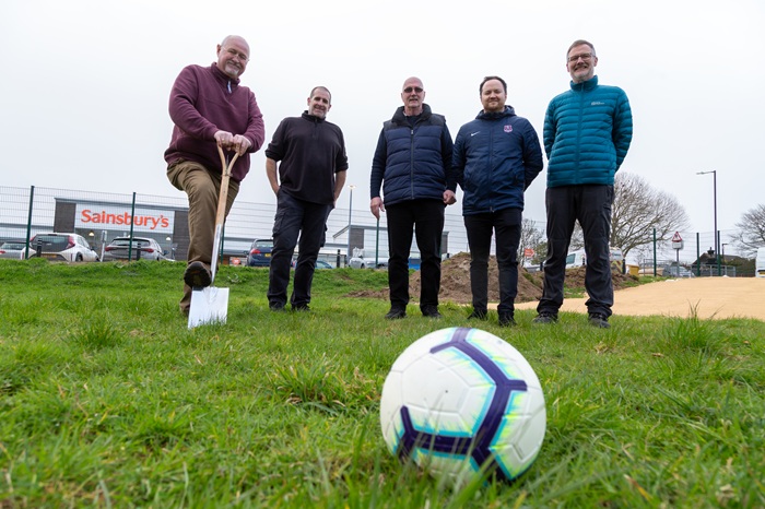 Cllr Ian Shipp, Cllr Richard Alecock, Cllr Andy Neal, Matt Stebbings, Football Development Manager at Suffolk Football Association and Simon Collin, Parks Infrastructure Manager at West Suffolk Council at the site in March when it was announced that work would soon begin at the three PlayZone sites.