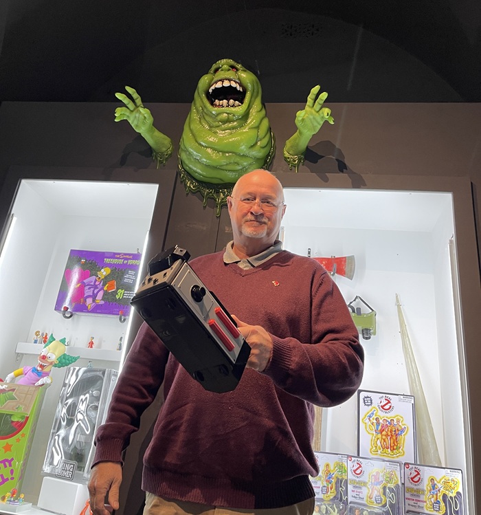 Who you gonna call? Slimer from Ghostbusters with Cllr Ian Shipp at Things that go bump exhibition at Moyse's Hall