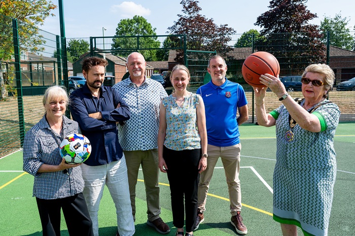 Town Mayor Philippa Winter prepares to shoot a hoop watched on by town clerk Cathy Whittaker, Cllr Janne Jarvis, Cllr Ian Shipp, Green Space Manager Claire Pick and Ben Hall, Commercial Funding and Partnerships Manager at Suffolk FA. Town Mayor Philippa Winter prepares to shoot a hoop watched on by town clerk Cathy Whittaker, Cllr Janne Jarvis, Cllr Ian Shipp, Green Space Manager Claire Pick and Ben Hall, Commercial Funding and Partnerships Manager at Suffolk FA.