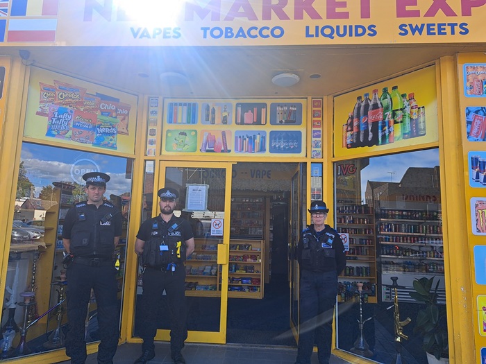 The Newmarket Express is one of three shops in Newmarket served a three month closure order following a joint operation by West Suffolk Council, Suffolk Trading Standards and Suffolk Police to stop the sale of harmful illegal vapes and tobacco. Pictured are PC Tim Bond, Sgt Chris Button and PCSO Anne Marie-Powell. 