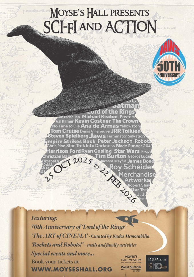 The image shows Gandalf's hat from Lord of the Rings. The text reads Moyse's Hall presents Sci-Fi and Action. There is also reference to the 50th anniversary of Jaws. 
