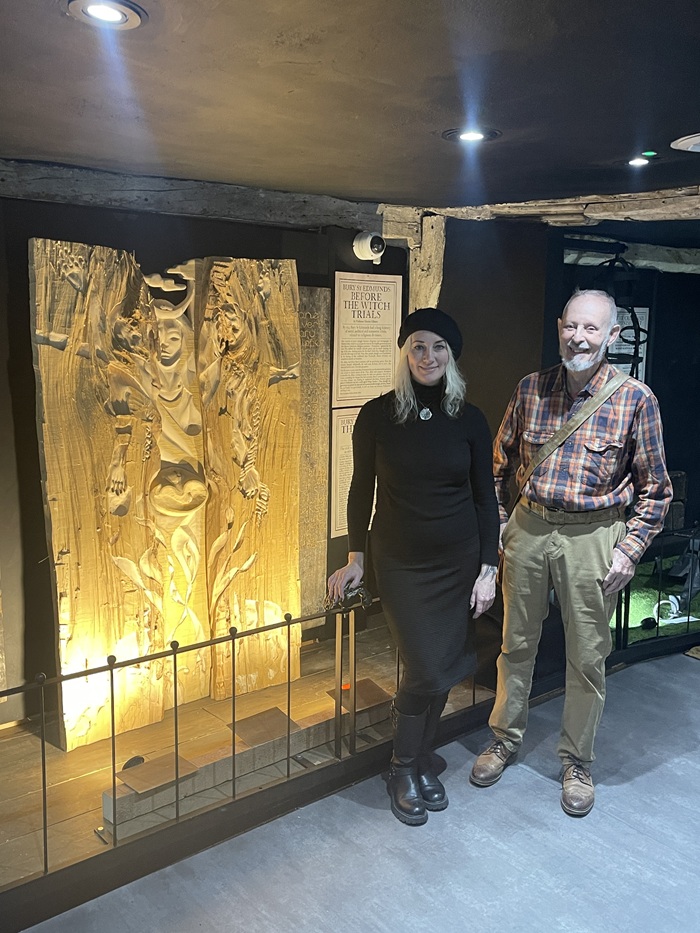 Bury St Edmunds artist Kate Jackson and wood carver John Williams with the memorial to the victims of the witchcraft trials in Bury St Edmunds at Moyse’s Hall Museum. Bury St Edmunds artist Kate Jackson and wood carver John Williams with the memorial to the victims of the witchcraft trials in Bury St Edmunds at Moyse’s Hall Museum.