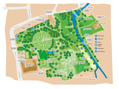 Abbey Gardens site map - click on the map to download a PDF version