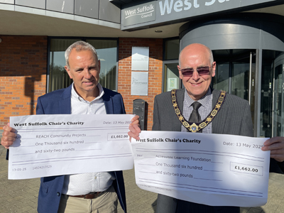 Henry Wilson Chief Executive of REACH Community Projects receiving a cheque, with outgoing Chair Cllr Pat Hanlon holding a cheque for the Accessible Learning Foundation
