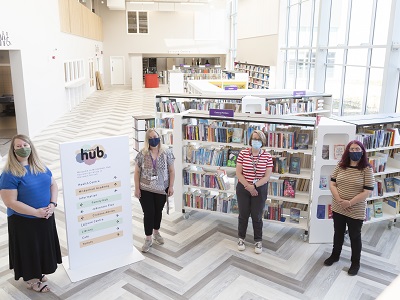Cllr Jo Rayner, West Suffolk Council Cabinet Member for Leisure, Culture and Community Hubs with Denise Gray, Library Manager, Kate Ashton, Executive Library Manager, and Jack Norman, Property Manager for Suffolk Libraries.
