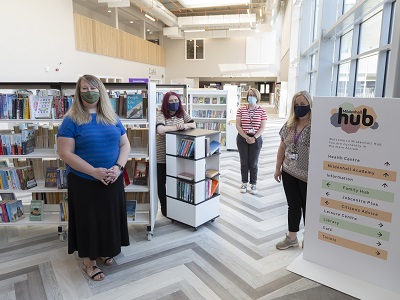 Cllr Jo Rayner, West Suffolk Council Cabinet Member for Leisure, Culture and Community Hubs with Jack Norman, Property Manager for Suffolk Libraries, Kate Ashton, Executive Library Manager and Denise Gray, Library Manager.