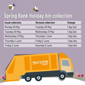 Spring bank holiday bin collections in West Suffolk