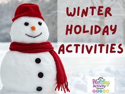 The image is of a snowman. The text reads Winter Holiday Activities. The Suffolk Holiday Activity Programme logo features