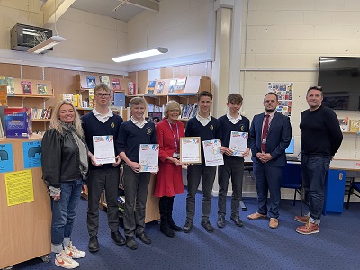 Students with Cllr Susan Glossop, West Suffolk Council, Mr Marshall, County High, Suzanne Banks and Alex Till, Menta at County High