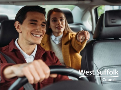 A taxi driver with smiling customer. The West Suffolk Council logo features icon