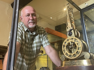 Cllr Ian Ship and Pace Pyramidal Skeleton Clock at Moyse's Hall Museum in Bury St Edmunds icon