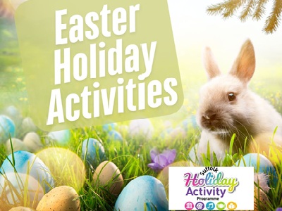 The image is of a bunny with easter eggs. The text say Easter Holiday Activities. The Suffolk Holiday Activities Programme logo features. icon