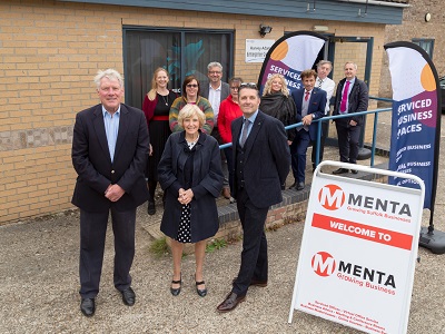 Cllr John Griffiths, Leader of West Suffolk Council, Cabinet Member for Growth Cllr Susan Glossop, Alex Till, Chief Executive of MENTA with businesses, councillors and other MENTA representatives at the Harvey Adams Enterprise Centre in Brandon.