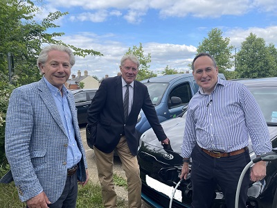 Bury St Edmunds resident and electric vehicle driver Tim Page with West Suffolk Council leader Cllr John Griffiths and Cllr Andy Drummond, Cabinet Member for Regulatory and Environment at the new EV chargers at St Andrews car park in Bury St Edmunds