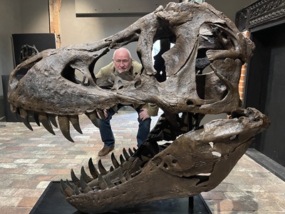 Cllr Ian Shipp looks through a T-Rex skull at Moyse's Hall Museum in Bury St Edmunds. The West Suffolk Council museum is preparing for its Prehistoric Beasts: Land, Sea and Sky exhibition which opens on 3 May 2025