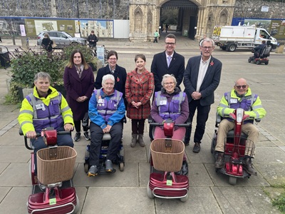 Sharon Steven, Rowan Wilson, Libby Ranzetta and David Fisher from EcoCarriers with some of the vehicles, with Sue Warren from Our Bury St Edmunds/ Bury St Edmunds and Beyond, Cllr Diane Hind from the town council, Cllr Donna Higgins, Allan Hassell from the arc and Cllr Cliff Waterman icon