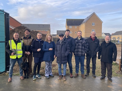 Kevin Hurley from Kevin Hurley Design, Oliver Cumberland from Virtus Land and Planning with his dog Oreo, residents David Pope, Heather Hine and Martyn Wood, Owen Lewis from VP Lewis Groundworks, Cllr Luke Halpin, Cllr Cliff Waterman and Cllr Frank Stennett icon