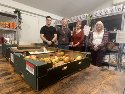 Evan Thomas-Mansfield, manager of the Newmarket Community Pantry Shop with volunteer Nathan Hall, Cllr Donna Higgins, West Suffolk Council’s Cabinet Member for Families and Communities, and volunteer Annie Moran. icon