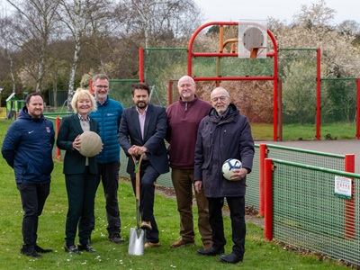 Matt Stebbings, Football Development Manager at Suffolk Football Association, Cllr Rachel Hood, and Simon Collin, Parks Infrastructure Manager at West Suffolk Council, Cllr Janne Jarvis, Cllr Ian Shipp and Cllr Kevin Yarrow at the site in March when it was announced that work would soon begin at the three PlayZone sites. icon
