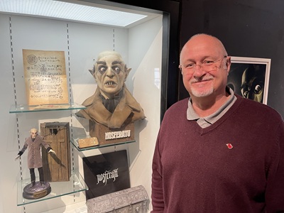 Nosferatu and Cllr Ian Shipp at Things that Go Bump exhibition at Moyse's Hall Museum icon