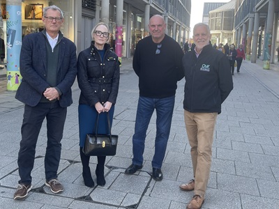 Cllr Cliff Waterman, Kirsty Pollard, Cllr Dave Taylor and Mark Cordell announcing free parking from 4pm to 8pm every Thursday from November19 November, the date of the Our Bury St Edmunds Christmas lights event, through to 17 December to support late night shopping. icon