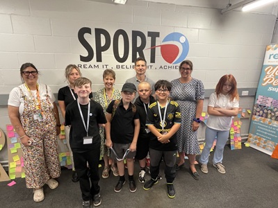 Crucial Crew Sir Peter Hall School staff and pupils with Cllr Donna Higgins at a session by Restore Women's Aid about respect