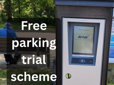 The text shows a parking ticket machine and the text reads Free parking trial scheme icon
