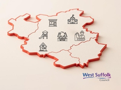 The image shows a 3d map with a red outline. Within the outline are icons depicting a house, a play area, a shop, a wooded picnic area, a school and a business.