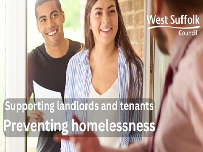 Supporting landlords and tenants, preventing homelessness. The image shows a landlord welcoming a couple who are viewing a property. icon